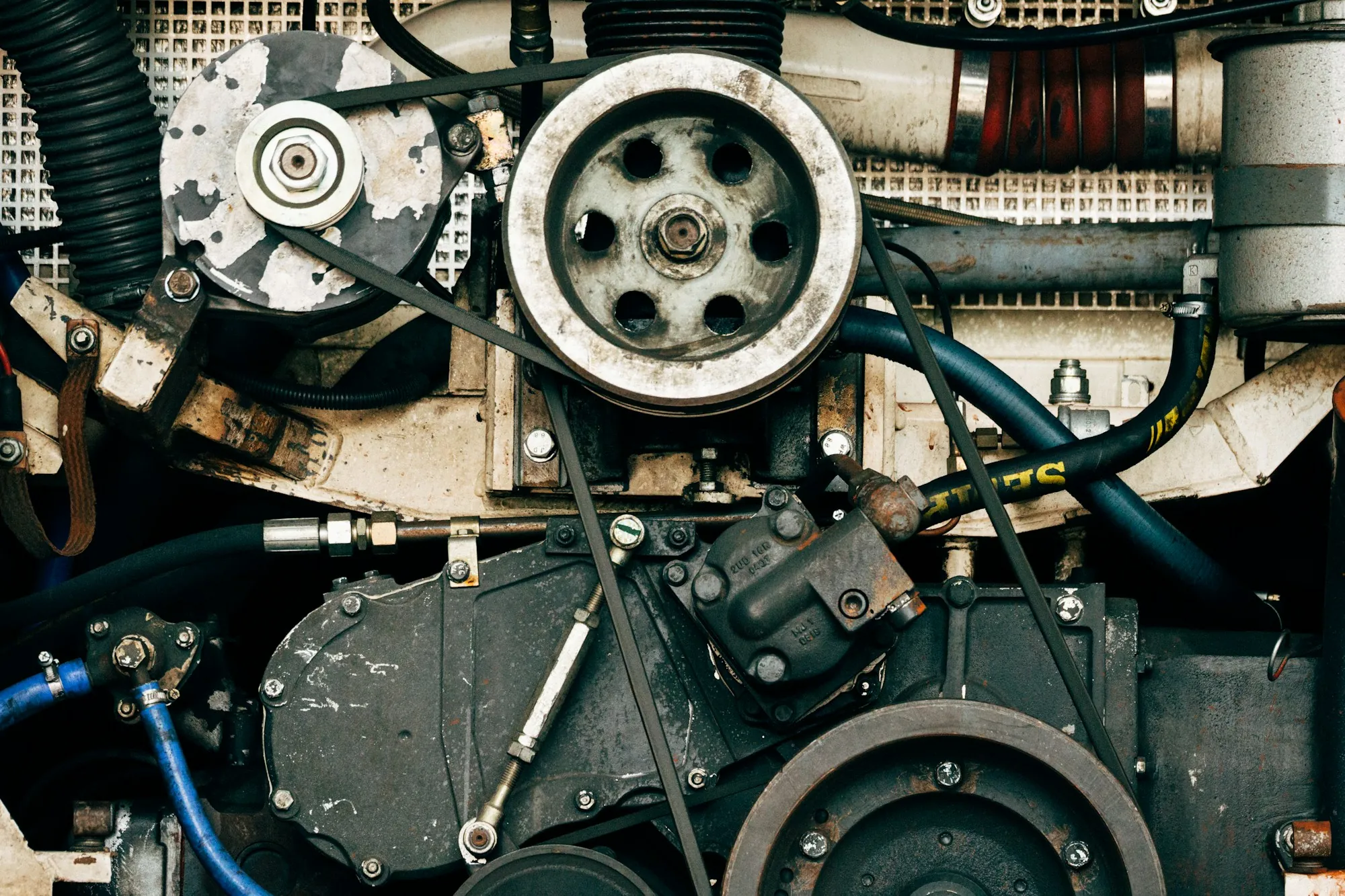 Engine with exposed belts and pulleys
